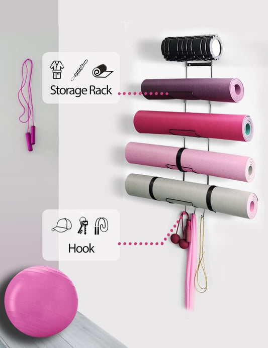 MRZZATA 5-Tiers Yoga Mat Holder Wall Mount, Metal Storage Rack for Mats/Wheels, Foam Roller and Block, Wall Rack with 3-Hooks for Hanging Stretching Strap, Resistance Bands, Yoga Accessories