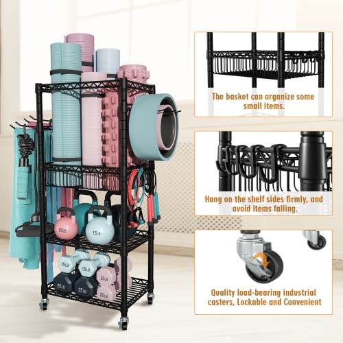 FUTASSI S1 Home Gym Storage, 3-Tier Workout Equipment Organizer with Wheels for Yoga Mats, Foam Roller, Dumbbells, Kettlebells, and Resistance Bands, 47.4" H x 27.5" L x 11.8" D, Black