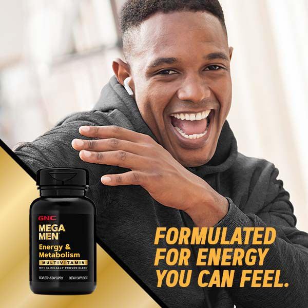 GNC Mega Men Energy & Metabolism Multivitamin Caplets, Clinically Proven To Feel Better, Calorie Burn, Focus, 100mg Caffeine, Thermogenic, Immune, B Vitamins, Timed Release, 180 Count, 90 Day Supply