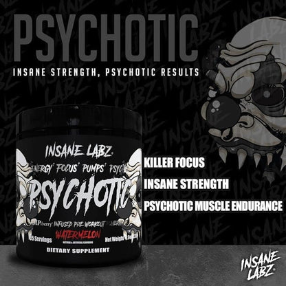 Insane Labz Psychotic Black Edition Mid Stimulant Pre Workout Powder, Energy Focus Pumps, Loaded with Creatine Beta Alanine Taurine Fueled by AMPiberry, Variety 30 Servings