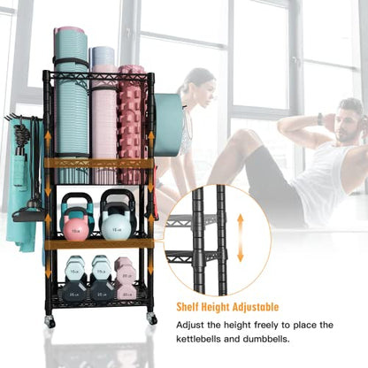 FUTASSI S1 Home Gym Storage, 3-Tier Workout Equipment Organizer with Wheels for Yoga Mats, Foam Roller, Dumbbells, Kettlebells, and Resistance Bands, 47.4" H x 27.5" L x 11.8" D, Black