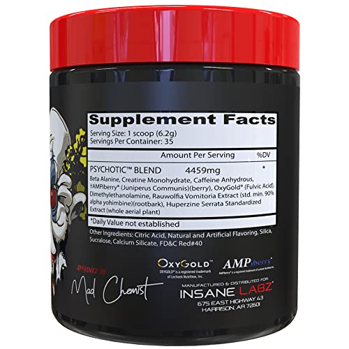 Insane Labz Psychotic, High Stimulant Pre Workout Powder, Extreme Lasting Energy, Focus and Endurance with Beta Alanine, Creatine Monohydrate DMAE, 35 Srvgs (Fruit Punch)