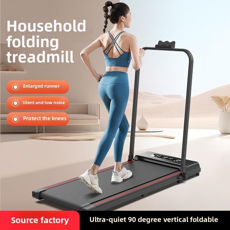 Small and Mini Folding Silent Electric Indoor Walking Machine for Home Use, a Fitness Equipment for Flat Treadmill (Black and red [Without handrails])