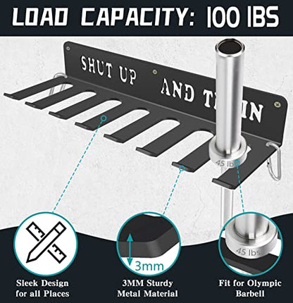 Black Rack 8 Hooks Metal Heavy-gauge Workout Rack Wall Mount Organizer Multi-Purpose Workout Gear Storage for Sports Gears Barbells Lifting Belt Fitness Band Carabiners Included With Uplifting Words