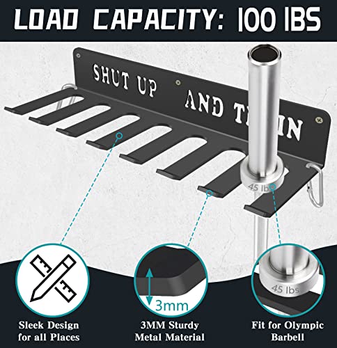 Black Rack 8 Hooks Metal Heavy-gauge Workout Rack Wall Mount Organizer Multi-Purpose Workout Gear Storage for Sports Gears Barbells Lifting Belt Fitness Band Carabiners Included With Uplifting Words
