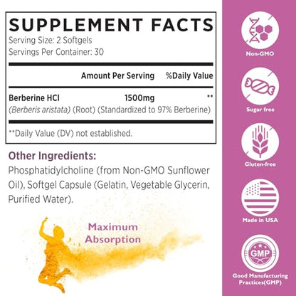 Liposomal Berberine Supplement 1500mg - Third Party Tested, High Bioavailability Berberine HCL Capsules for Women and Men, AMPK Activator for Cardiovascular Health, Sugar-Free, Non-GMO,120 Softgels