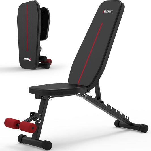 PASYOU Adjustable Weight Bench, Foldable Workout Bench for Home Gym, Support 90°Strength Training Bench for Full Body Workout with Fast Folding, 9-Level Backrest Position 2-Level Foot Support Folding
