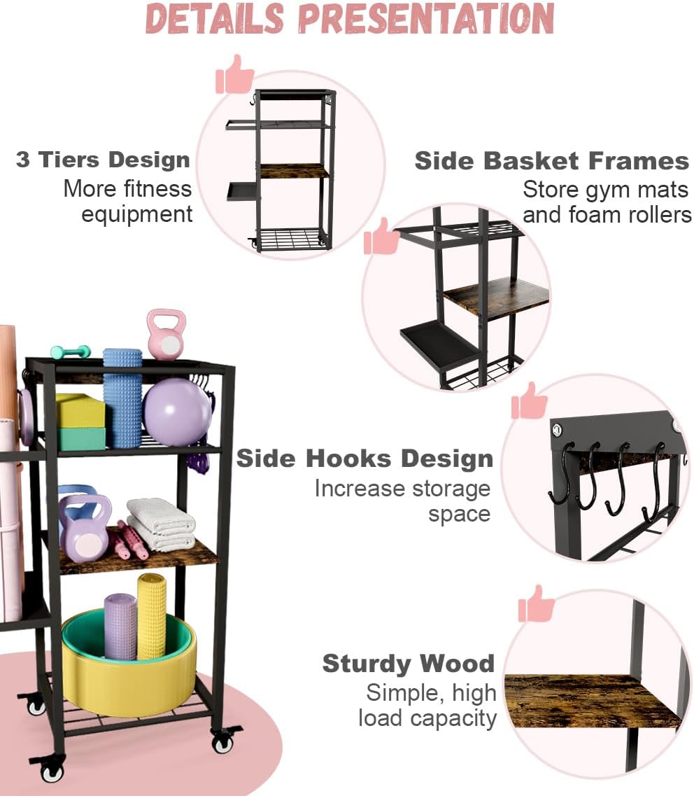Ardier Yoga Mat Storage Rack with Wheels, 3 Tier Home Gym Workout Equipment Organizer for Dumbbells, Kettlebells, Foam Rollers