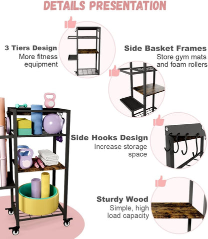 Ardier Yoga Mat Storage Rack with Wheels, 3 Tier Home Gym Workout Equipment Organizer for Dumbbells, Kettlebells, Foam Rollers