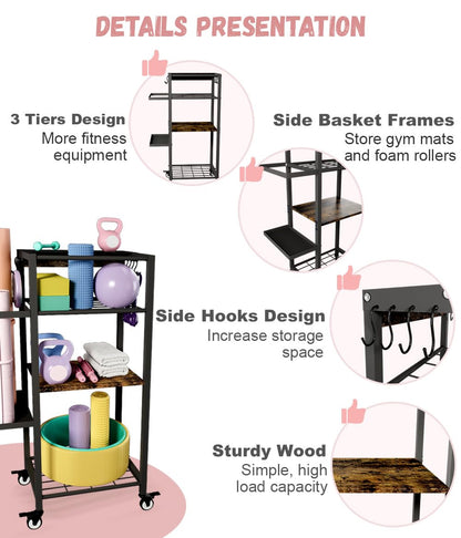 Ardier Yoga Mat Storage Rack with Wheels, 3 Tier Home Gym Workout Equipment Organizer for Dumbbells, Kettlebells, Foam Rollers