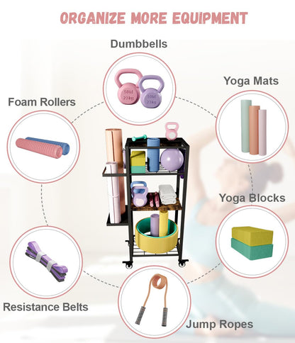 Ardier Yoga Mat Storage Rack with Wheels, 3 Tier Home Gym Workout Equipment Organizer for Dumbbells, Kettlebells, Foam Rollers