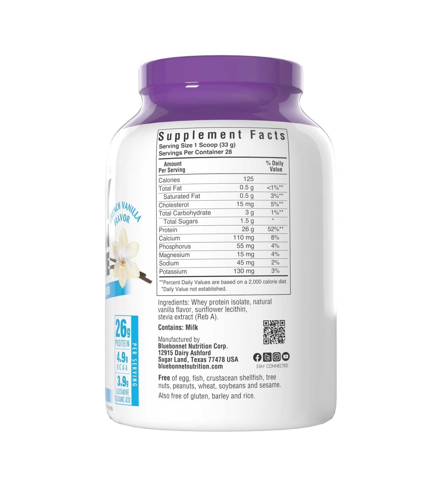 BlueBonnet Nutrition Whey Protein Isolate Powder From Grass Fed Cows, 26g of Protein, No Sugar Added, Gluten & Soy free, kosher Dairy, 2 Lbs, 28 Servings, French Vanilla Flavor