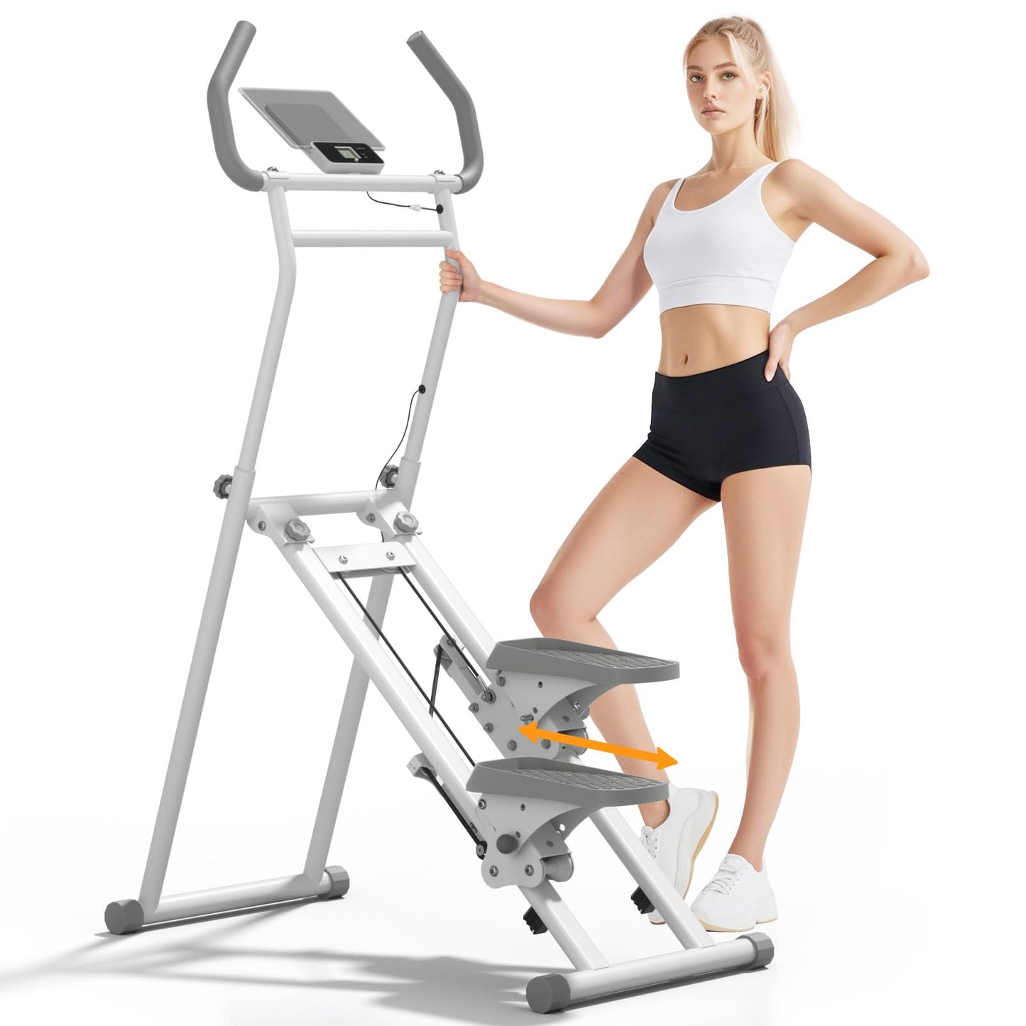 MACYO Stair Stepper for Home Workout - Full-Size Foot Pedals with Tablet Holder, Foldable Stepping Climbers, Easy Assembly, Compact Design for Cardio & Leg Training (White)