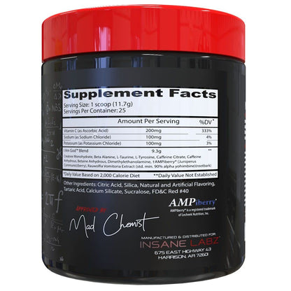 Insane Labz I am God Pre Workout, High Stim Pre Workout Powder Loaded with Creatine and DMAE Bitartrate Fueled by AMPiberry, Energy Focus Endurance Muscle Growth,25 Srvgs, Fruit Punch