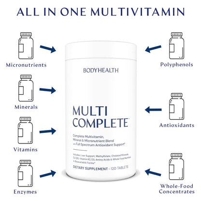 BodyHealth Multi Complete (120 Ct) Daily Multivitamin for Men and Women with Whole Foods, Minerals, Antioxidants, Organic Green Food Concentrates, and Liver Detox Extracts, Vegan and Non GMO