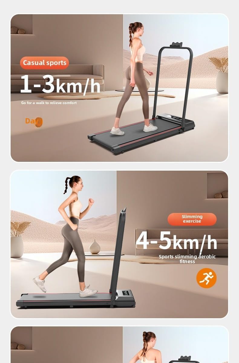 Small and Mini Folding Silent Electric Indoor Walking Machine for Home Use, a Fitness Equipment for Flat Treadmill (Black and red [Without handrails])