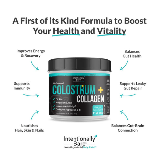 Intentionally Bare Colostrum and Collagen Powder - Grass-Fed Colostrum Powder with Biotin and Hyaluronic Acid - Unflavored Collagen Powder for Skin, Immunity, Joint and Gut Health - 60 Servings