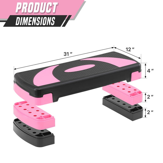 SFIHOME 31" Aerobic Exercise Step Platform, Step Up Exercise Platform with 4" 6" 8" Adjustable Risers, Stair Stepper Workout Stepper for Home Gym Strength Training Fitness Equipment, Pink