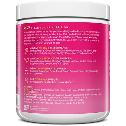 RSP NUTRITION AminoLean Pre Workout, Clean Energy with No Jitters, Tingles or Crash, Vegan Friendly with Added Biotin for Hair, Skin, Nails, Berry Elixir, 30 Servings