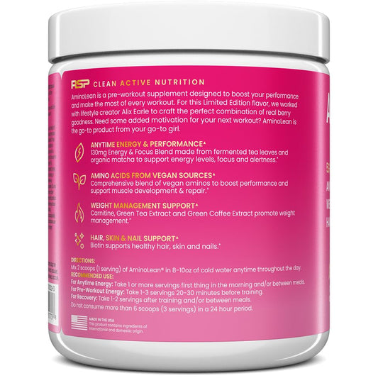 RSP NUTRITION AminoLean Pre Workout, Clean Energy with No Jitters, Tingles or Crash, Vegan Friendly with Added Biotin for Hair, Skin, Nails, Berry Elixir, 30 Servings