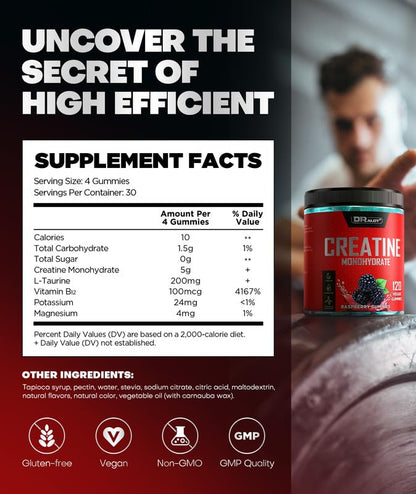 Dralot 99.99% Creatine Monohydrate Gummies More 15% Strength, 5X Energy & Muscle Support Pre-Workout Complex Creatine for Women & Men with 5000mg Creatine, L-Taurine, B12, Mg and K, Vegan