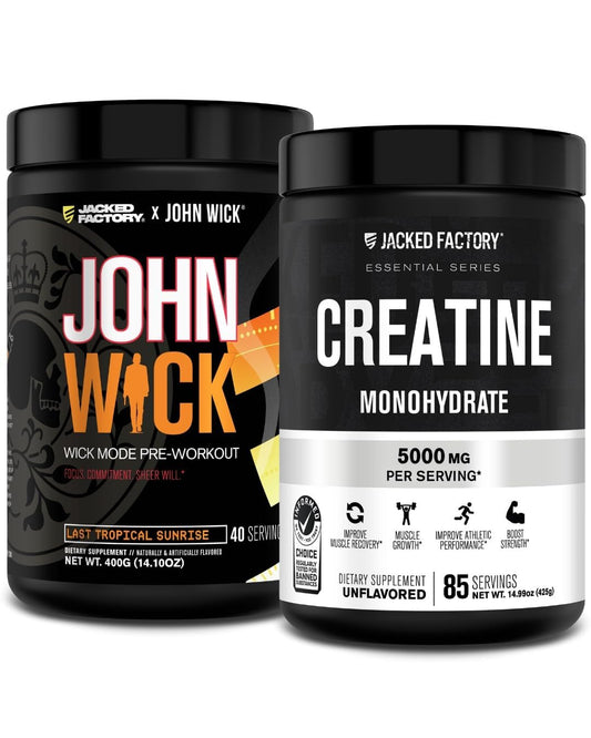 Jacked Factory X John Wick - Wick Mode Pre Workout Powder (Last Tropical Sunrise, 40 Servings) & Creatine Monohydrate Powder (Unflavored, 85 Servings)