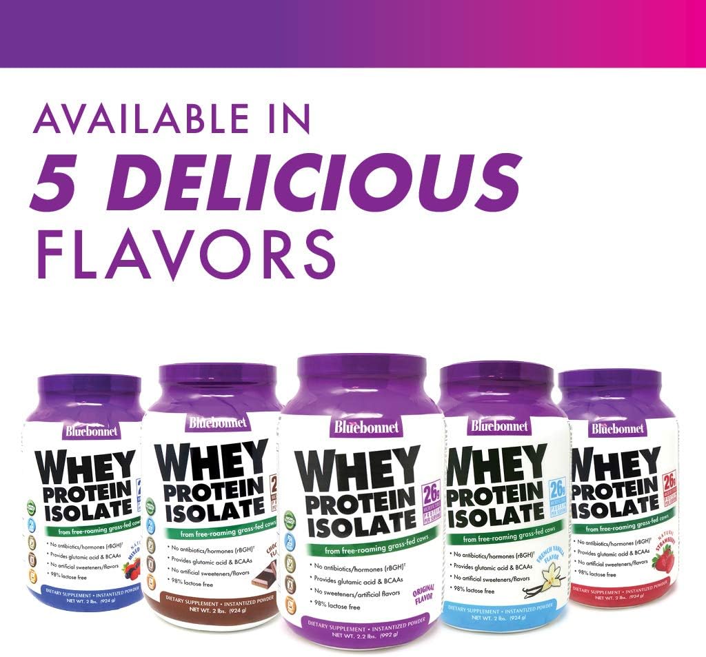 BlueBonnet Nutrition Whey Protein Isolate Powder From Grass Fed Cows, 26g of Protein, No Sugar Added, Gluten & Soy free, kosher Dairy, 2 Lbs, 28 Servings, French Vanilla Flavor