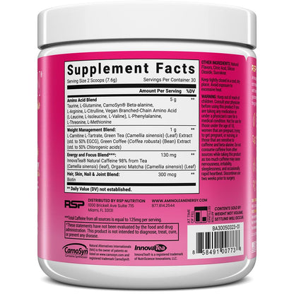 RSP NUTRITION AminoLean Pre Workout, Clean Energy with No Jitters, Tingles or Crash, Vegan Friendly with Added Biotin for Hair, Skin, Nails, Berry Elixir, 30 Servings