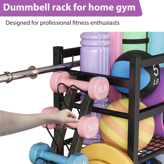 HavenlyYouth Dumbbell Rack Weight Rack Storage-Large Dumbbells Rack Home Gym Storage,Multilevel Workout Storage Organizer with Wheels and Barbell Holder,Perfect for Yoga Mat Balls Kettlebells and Fitness Gear,black