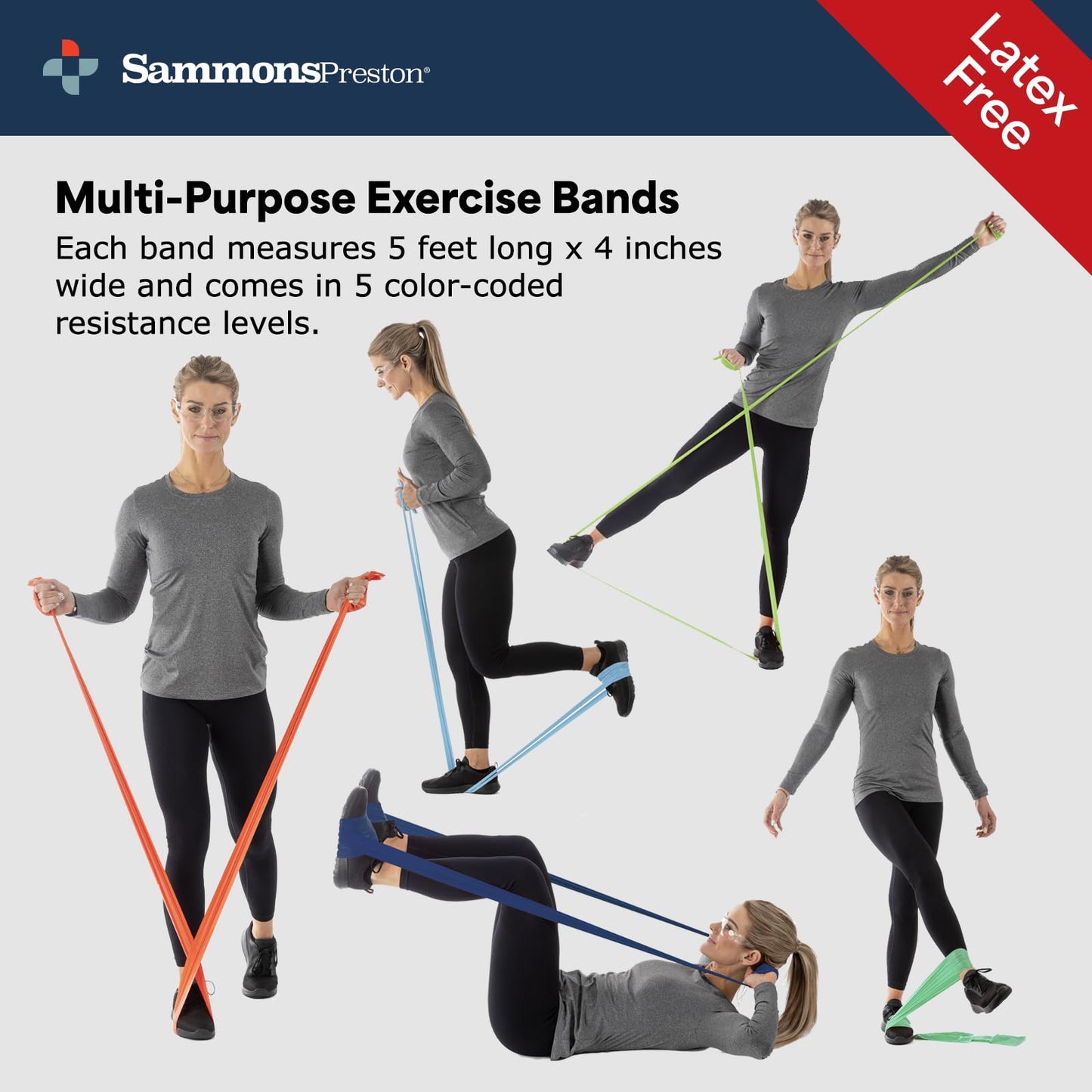 Sammons Preston Resistance Bands for Working Out, Non-Latex Exercise Bands, Resistance Bands for Physical Therapy, Improve Strength & Flexibility, Stretch & Tone Major Muscles, 5pk