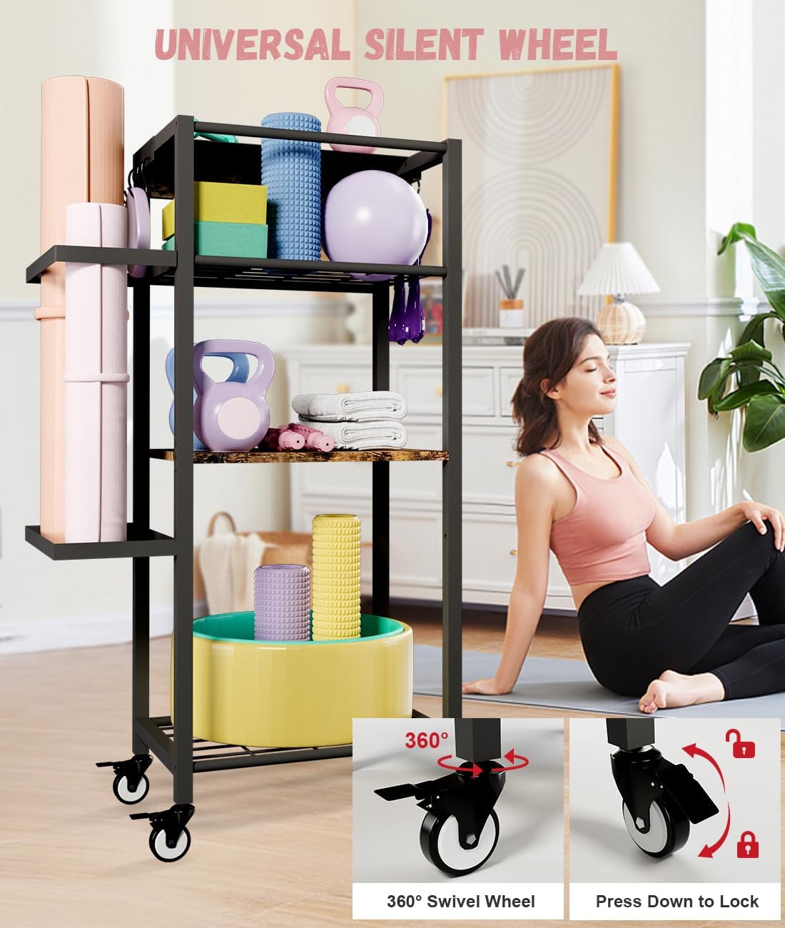 Ardier Yoga Mat Storage Rack with Wheels, 3 Tier Home Gym Workout Equipment Organizer for Dumbbells, Kettlebells, Foam Rollers