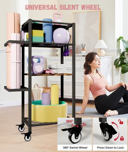 Ardier Yoga Mat Storage Rack with Wheels, 3 Tier Home Gym Workout Equipment Organizer for Dumbbells, Kettlebells, Foam Rollers