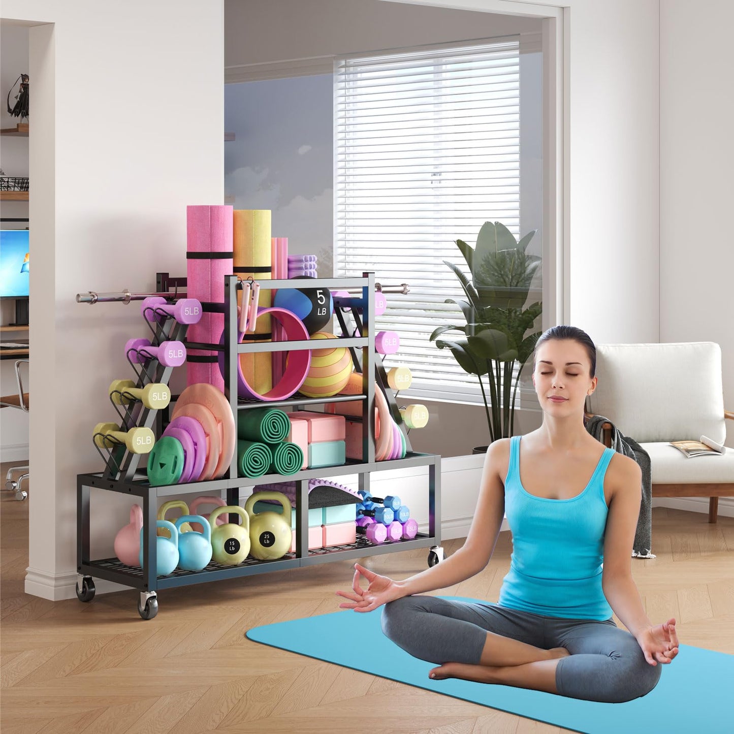 HavenlyYouth Dumbbell Rack Weight Rack Storage-Large Dumbbells Rack Home Gym Storage,Multilevel Workout Storage Organizer with Wheels and Barbell Holder,Perfect for Yoga Mat Balls Kettlebells and Fitness Gear,black