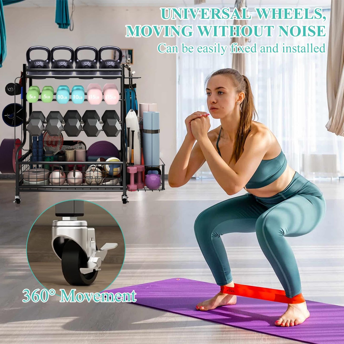 Hiee Dumbbell Rack, Weight Rack for Kettlebells, Heavy-Duty Home Gym Storage Rack for Yoga Mat and Workout Equipment, Storage Holder with Wheels and Hooks (320lb)