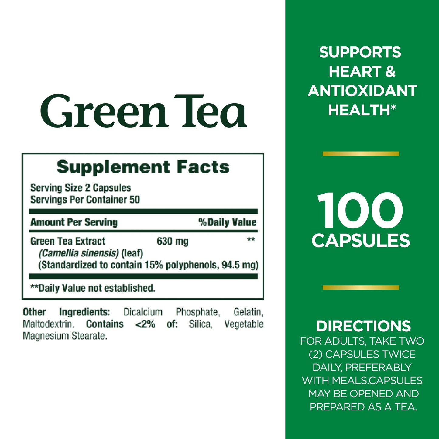 Nature's Bounty Green Tea Pills and Herbal Health Supplement, Supports Heart and Antioxidant Health, 315mg, 100 Capsules