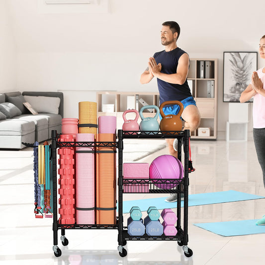 FUTASSI S2 Home Gym Storage, Rolling Yoga Mat Storage and Organizer, Sport Equipment Rack for Dumbbells, Kettlebells, Foam Rollers, Resistance Bands, 11.8" D x 36" W x 32.5" H, Black