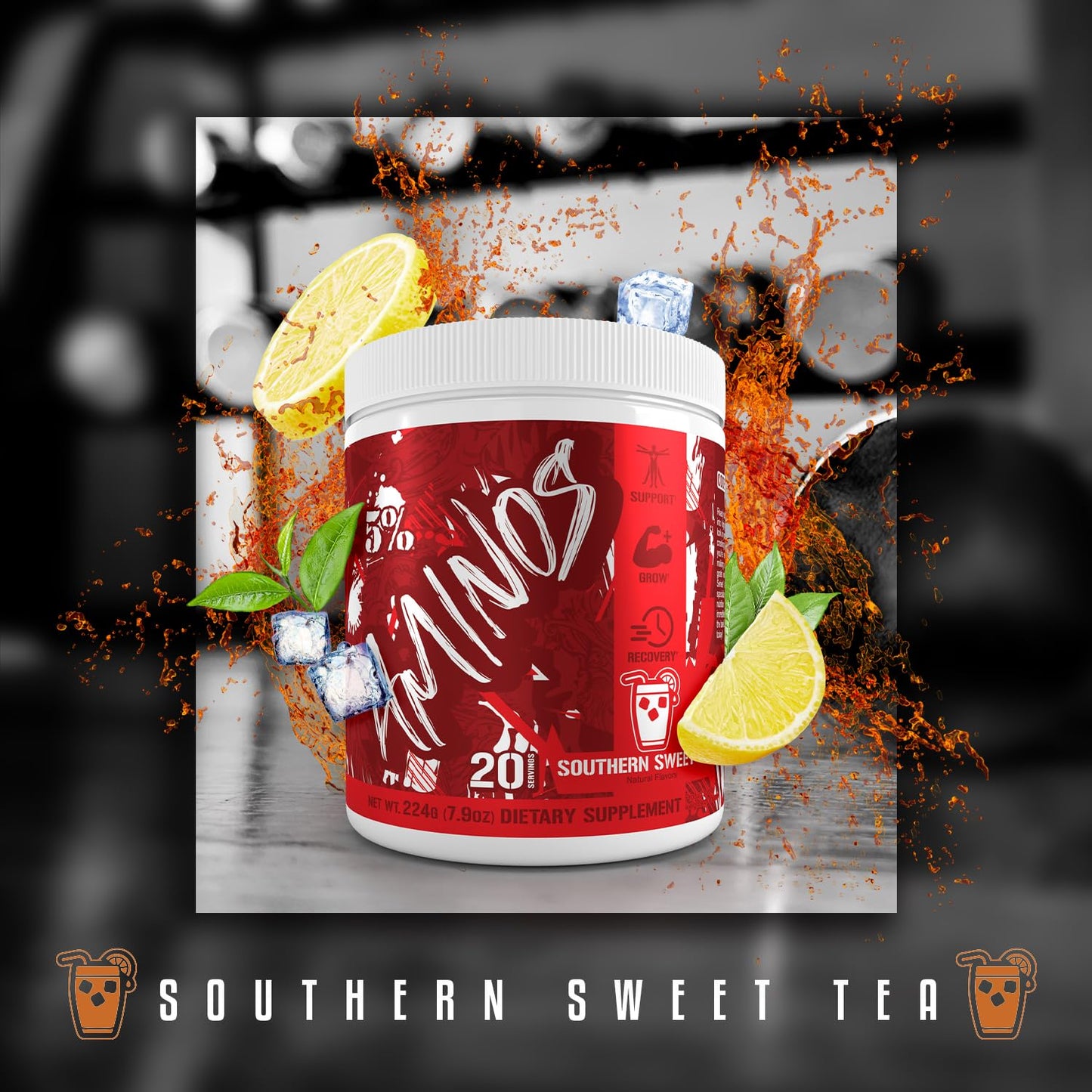 5% Nutrition Code Red Aminos BCAA & EAA Post Workout Recovery Powder | Full Spectrum Essential Amino Acid Complex for Men & Women (Southern Sweet Tea)