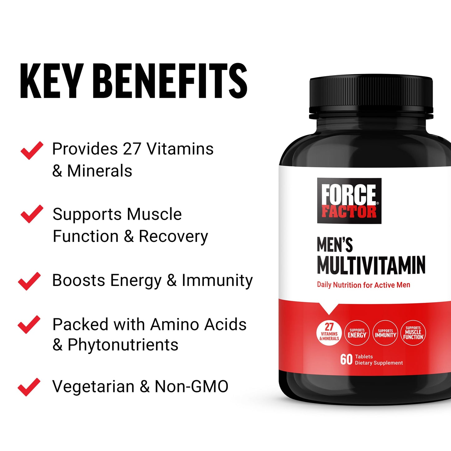 Force Factor Men’s Multivitamins, Multivitamin for Men Plus Amino Acids Supplement with 27 Vitamins and Minerals, and Phytonutrients to Support Energy, and Immunity, 60 Tablets
