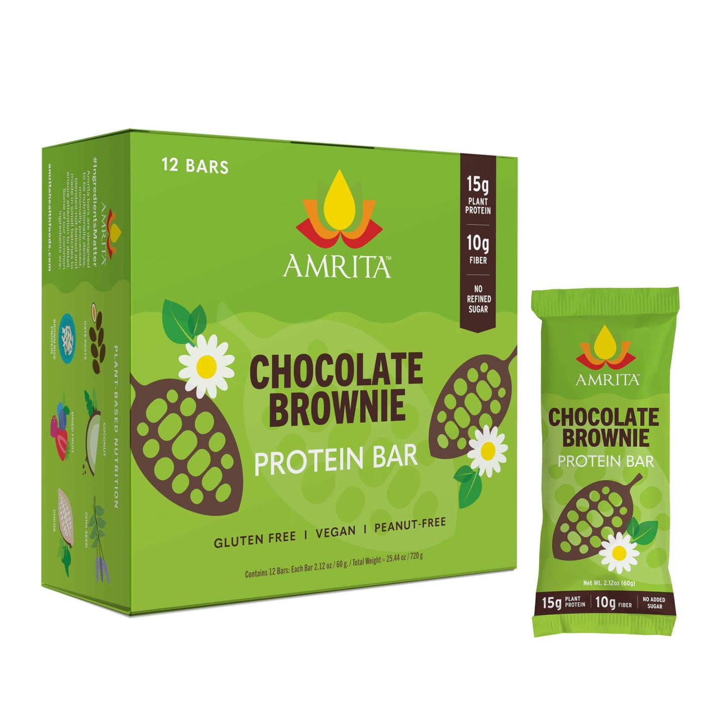 Amrita Nut Free Chocolate Brownie Vegan Protein Bars (12 Count) |15g Plant-Based Protein Bar | Peanut-Free, Gluten Free, and Dairy-Free | No Added Sugar, High Fiber, Healthy School-Safe Snacks