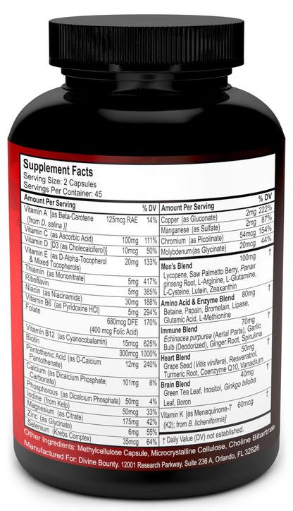 Mens Multivitamin – Daily Multivitamin for Men with Vitamin A C D E K B Complex, Calcium, Magnesium, Selenium, Zinc Plus Heart, Brain, Immune, and Men's Multivitamins – 90 Vegetarian Capsules