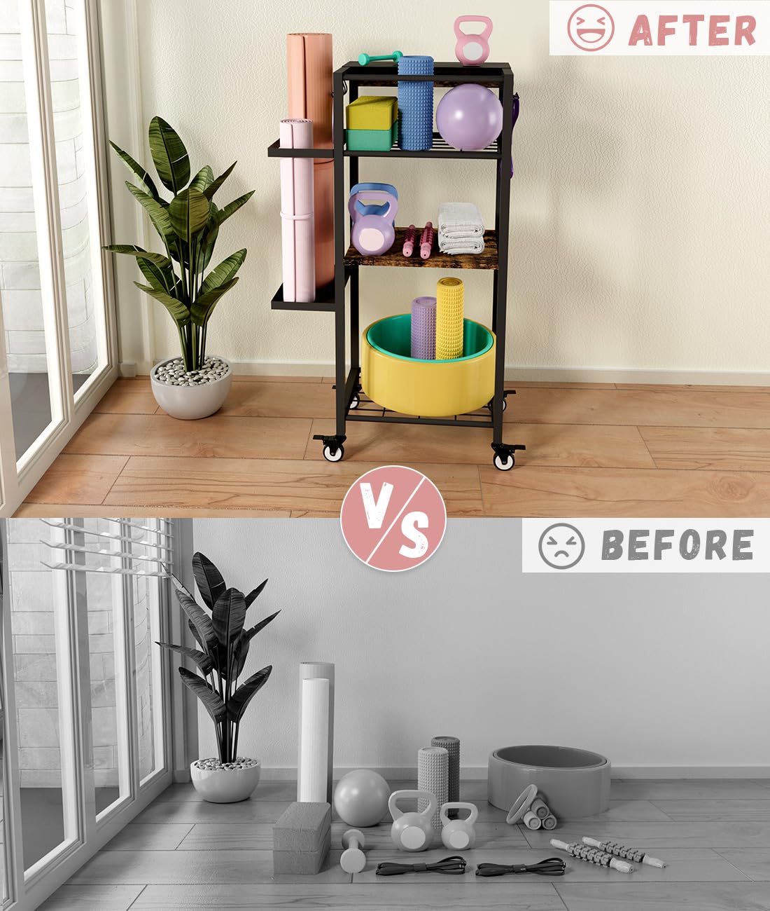 Ardier Yoga Mat Storage Rack with Wheels, 3 Tier Home Gym Workout Equipment Organizer for Dumbbells, Kettlebells, Foam Rollers