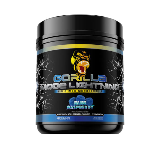 Gorilla Mode Lightning Pre-Workout - Extreme Energy · Laser Focus · Powerful Pumps · Peak Performance - 550mg Caffeine, 13500mg L-Tyrosine, Alpha-GPC– 808g (Blue Raspberry)