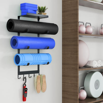 LSK Yoga Mat Holder Wall Mount, Black Yoga Mats Storage Rack, Home Gym Storage with Metal Floating Shelf for Storing Fitness, Yoga Mat Rack with 5 Hooks for Hanging Foam Rollers and Resistance Bands