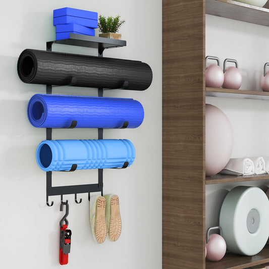LSK Yoga Mat Holder Wall Mount, Black Yoga Mats Storage Rack, Home Gym Storage with Metal Floating Shelf for Storing Fitness, Yoga Mat Rack with 5 Hooks for Hanging Foam Rollers and Resistance Bands