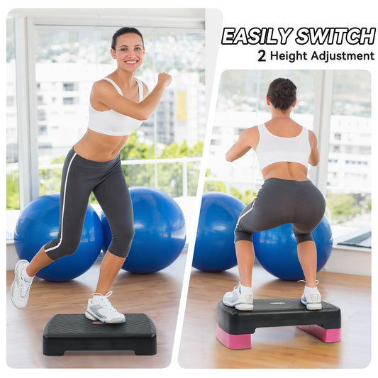 Fitvids 18" Workout Aerobic Stepper Step Platform with 2 Risers, Lightweight Portable Step Up Platform Trainer, Adjustable Height 3.2’’ 5.5’’ for Home Gym, Black and Pink