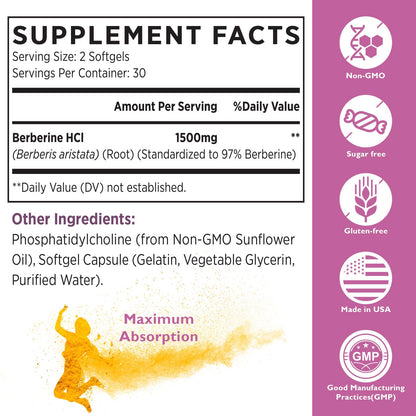Liposomal Berberine Supplement 1500mg - Third Party Tested, High Bioavailability Berberine HCL Capsules for Women and Men, AMPK Activator for Cardiovascular Health, Sugar-Free, Non-GMO,120 Softgels
