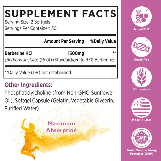 Liposomal Berberine Supplement 1500mg - Third Party Tested, High Bioavailability Berberine HCL Capsules for Women and Men, AMPK Activator for Cardiovascular Health, Sugar-Free, Non-GMO,120 Softgels