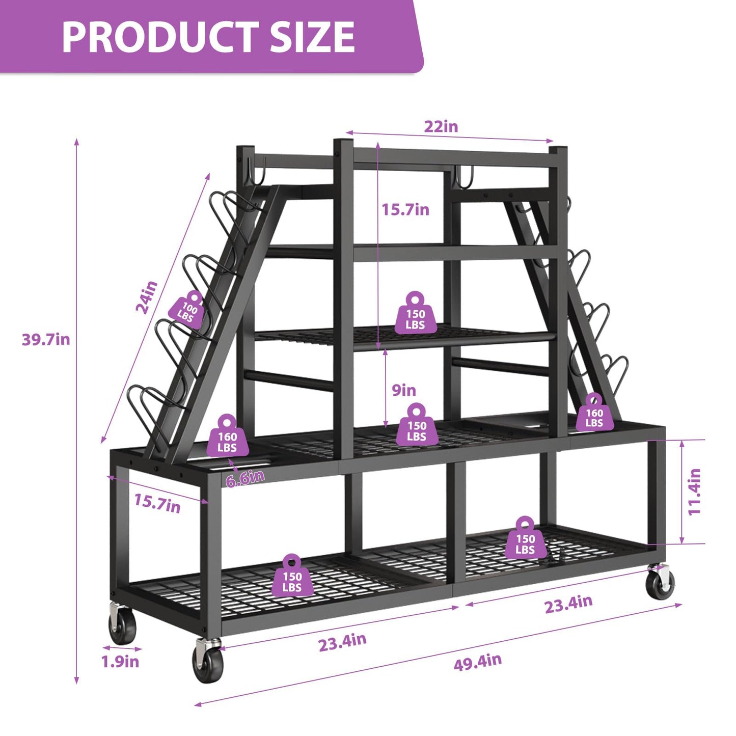 HavenlyYouth Dumbbell Rack Weight Rack Storage-Large Dumbbells Rack Home Gym Storage,Multilevel Workout Storage Organizer with Wheels and Barbell Holder,Perfect for Yoga Mat Balls Kettlebells and Fitness Gear,black