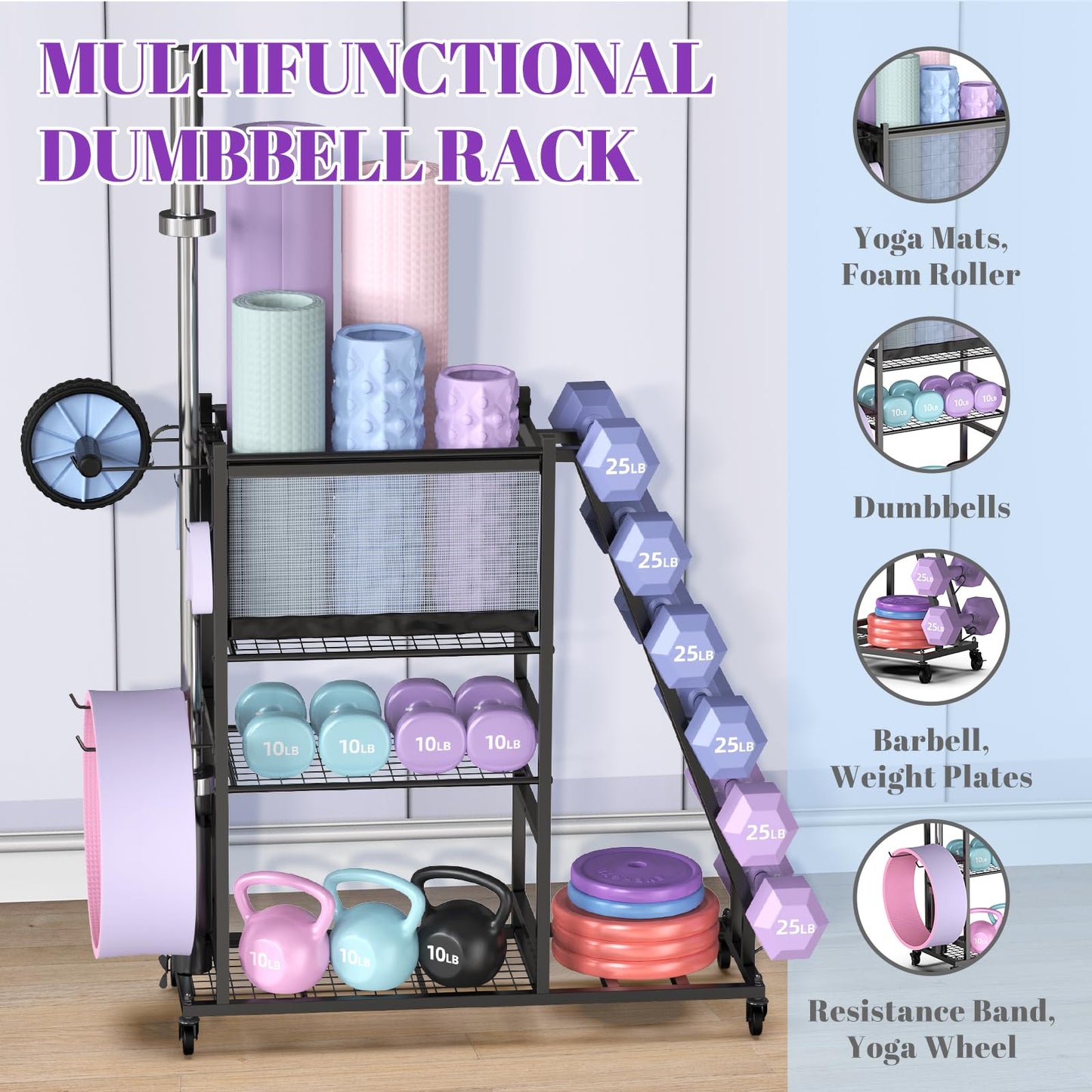 Mythinglogic Dumbbell Rack for Home Gym, Weight Rack for Dumbbells, Multifunctional Yoga Mat Holder for Barbell plates and Kettlebells, Home Gym Storage Rack with Casters (Small)