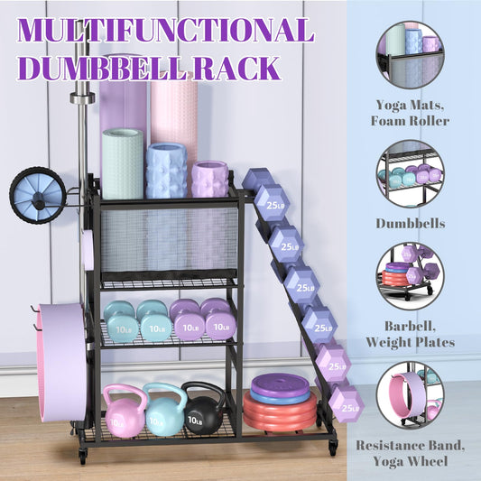 Mythinglogic Dumbbell Rack for Home Gym, Weight Rack for Dumbbells, Multifunctional Yoga Mat Holder for Barbell plates and Kettlebells, Home Gym Storage Rack with Casters (Small)